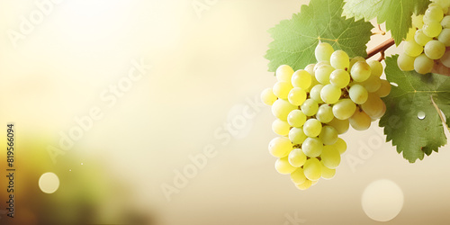Gorgeous Bunch of Green Seedless Grapes Hanging on the Vine with Vibrant Green Leaves and Blurred Background 