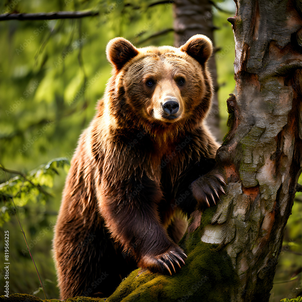 Fototapeta premium A European brown bear climbs up a tree