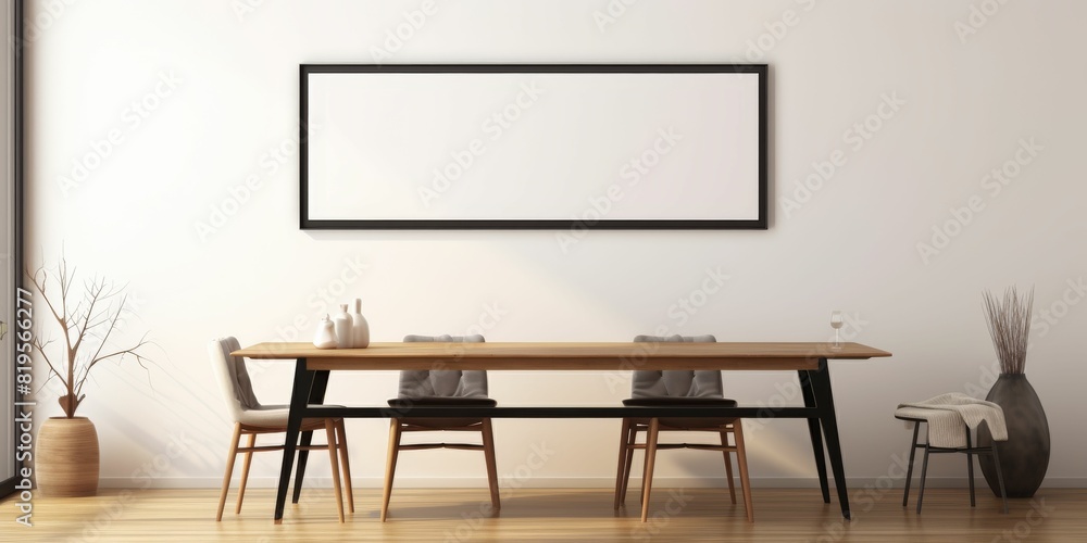 dining room with walnut wooden table, retro chairs, decoration, dried flower in vase and mock up picture frame in minimalist home. dining room with walnut wooden table, retro chairs, decoration, dried flower in vase and mock up picture frame in minimalist home.