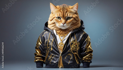 a cat wearing a jacket with a gold necklace. photo