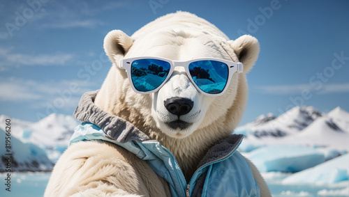 A polar bear wearing blue sunglasses © muheeb