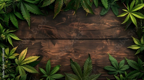 Green Cannabis Leaves Corner Border on Rustic Wood Background for St Patrick's Day