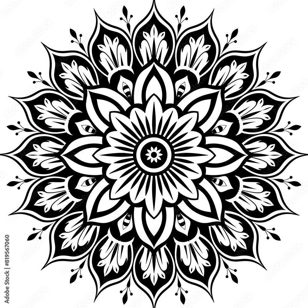 A black and white circular design with a lotus flower at its center. The petals are arranged in a radial pattern, with each petal having a different shape. The outer edges have more pointed petals.