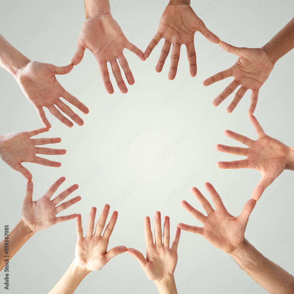 Motivation, support and hands of people in circle for collaboration, solidarity and community. Low angle, fingers and mockup with round shape on white background for teamwork, connection and trust Motivation, support and hands of people in circle for collaboration, solidarity and community. Low angle, fingers and mockup with round shape on white background for teamwork, connection and trust