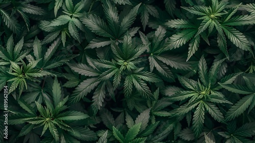 Lush and verdant cannabis foliage in a dense natural arrangement