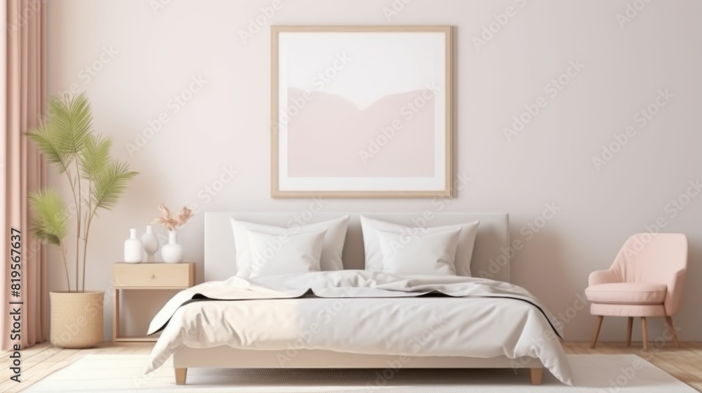 Mockup poster frame in white luxury bedroom. Mockup poster frame in white luxury bedroom.