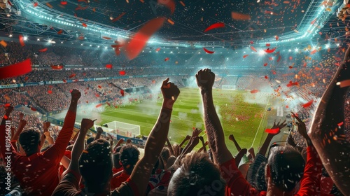 Fans enthusiastically cheering at a soccer stadium. Sport concept for spectator and passion.