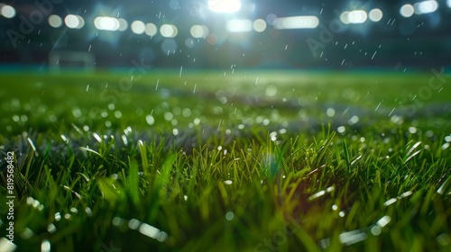 Football, soccer match. Grass close up. Night event lights on the stadium. © Business Pics