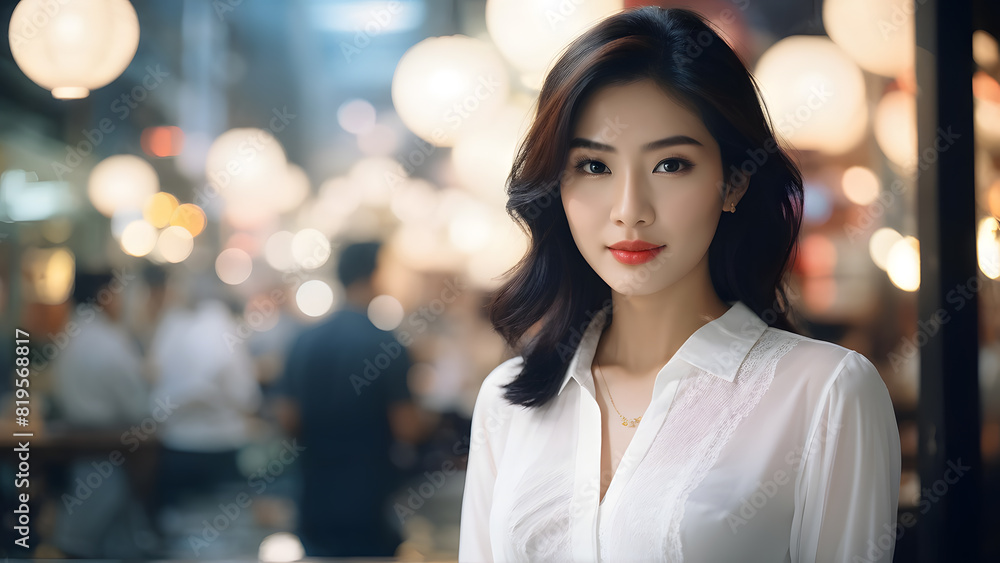 a woman in a white shirt standing in a restaurant a woman in a white shirt standing in a restaurant