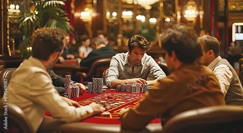 A group of men concentrating around a poker table, with chips stacked high and cards in hand, capturing the thrill and strategy of the game. photo