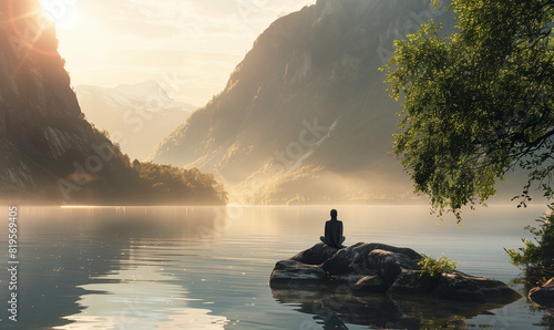 Meditative vision: the mind transforms into a landscape full of silence and peace. Forests, mountains and calm lakes create a mental refuge where every detail is an invitation to find inner balance.