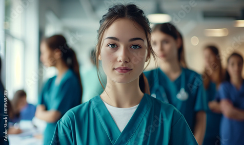 A young student stands in a hospital in a medical uniform, while her classmates conduct a group discussion in the background.