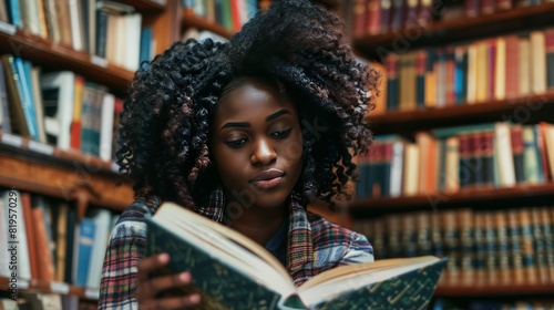 Young Woman Reading in a Library