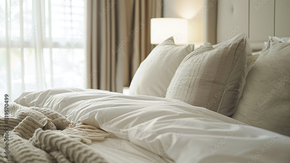 Inviting Bedroom Interior with Plush White Bedding and Soft Pillows Inviting Bedroom Interior with Plush White Bedding and Soft Pillows