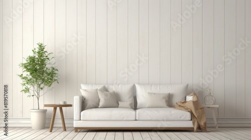 Scandinavian living room interior with a sofa on empty cream wooden wall background.