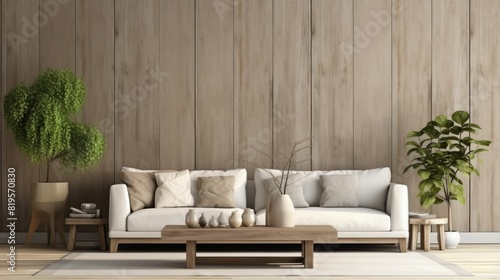 Scandinavian living room interior with a sofa on empty cream wooden wall background.