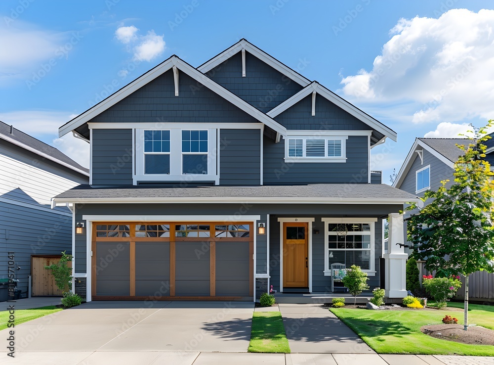 Stylish two-story house with gray walls, white trim, and wooden front door on a sunny day in the neighborhood of Blue Gardner, Washington, USA Stylish two-story house with gray walls, white trim, and wooden front door on a sunny day in the neighborhood of Blue Gardner, Washington, USA