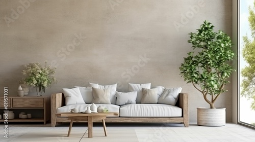 Stylish Scandinavian living room interior with design sofa, furniture, tropical plants and decoration.