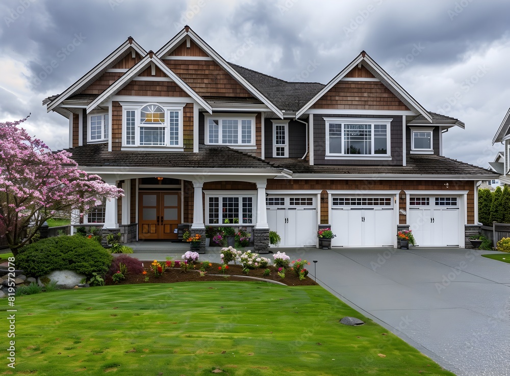 elegant suburban home with three garage doors, surrounded by lush green lawn and blooming flowers on the front yard