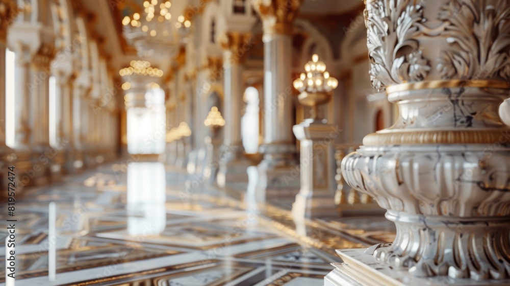 Opulent palace hallway with intricate marble columns and gleaming floor reflecting elaborate chandeliers and gilded decor.