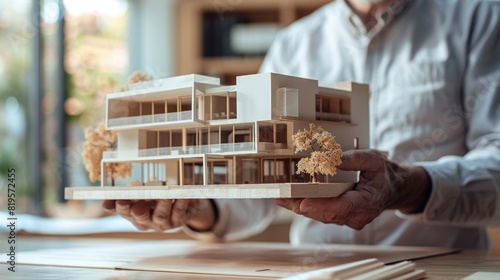 The welllit closeup shows an architects hands precisely adjusting a cityscape model creating a minimalistic and focused scene, Generated by AI