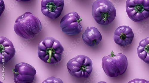 A collection of vibrant purple bell peppers scattered on a matching pastel purple background, creating a visually pleasing composition.