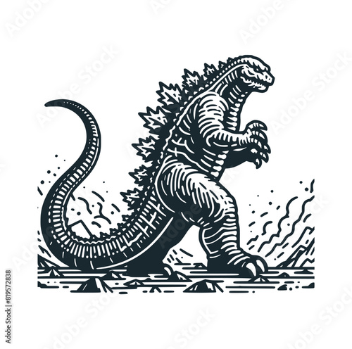 The ancient dinosaur godzilla. Black white vector illustration. 