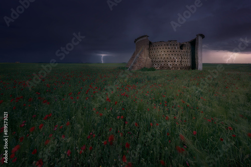 Ruins of an old dovecote in Villarramiel, Palencia, in a field of green cereal with poppies and a dramatic sky with lightning photo
