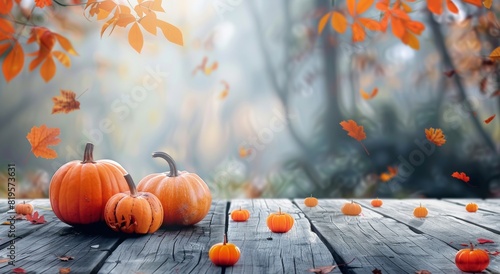 features the serene beauty of autumn  showcasing pumpkins  fallen leaves  sunlit forest. Perfect for celebrating Halloween  Thanksgiving Day  the harvest season  and the enchanting autumn ambiance