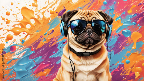 A pug wearing sunglasses and headphones