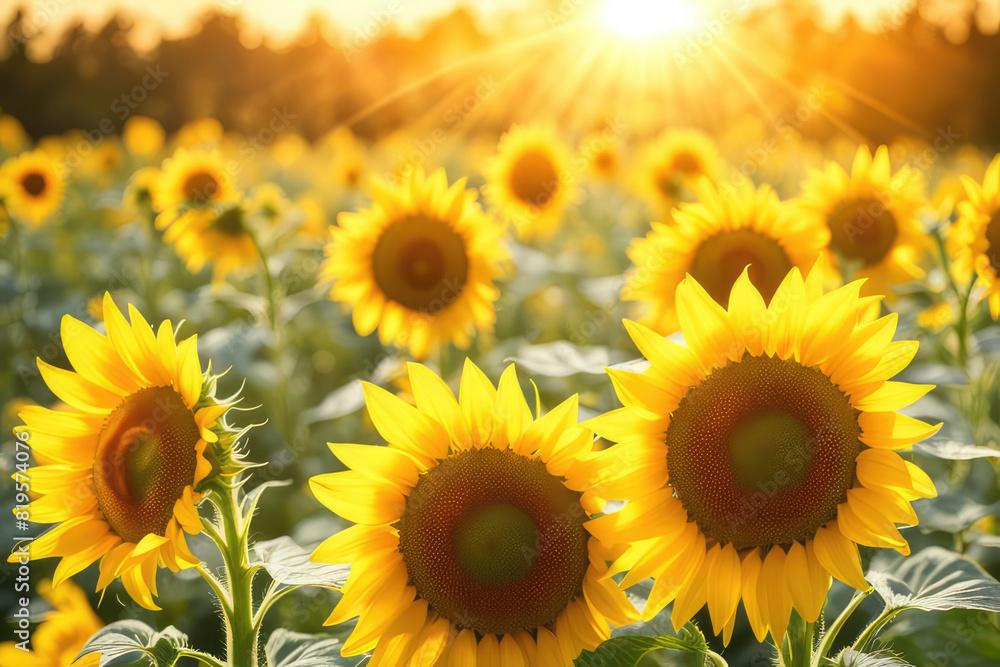 Bright yellow sunflowers and sun
