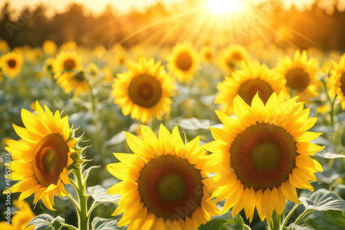 Bright yellow sunflowers and sun 