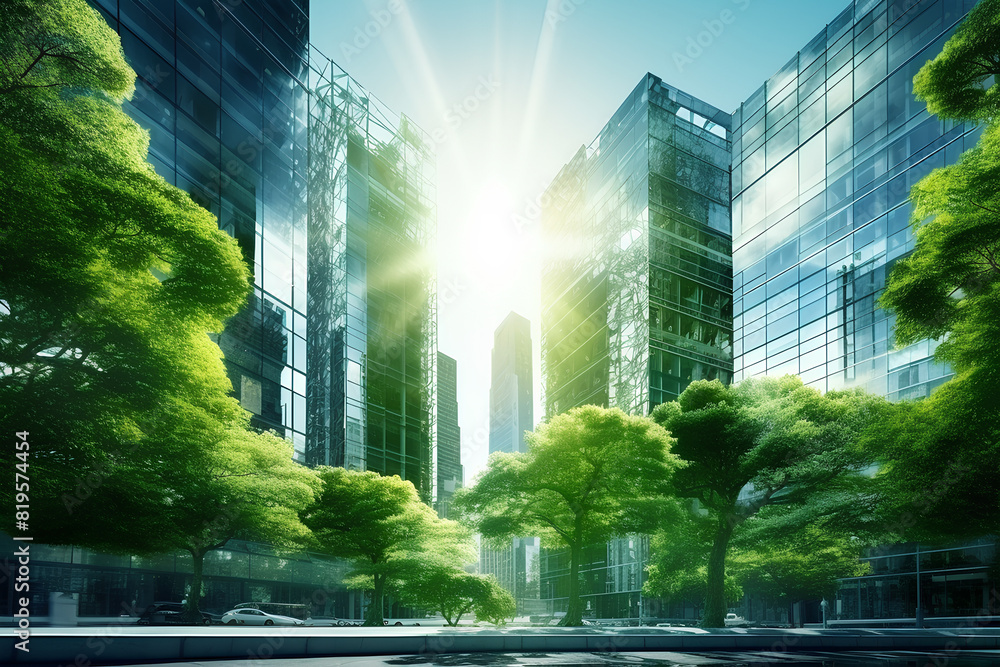 Picture of Eco-friendly buildings in the modern city. Green tree branches with ...