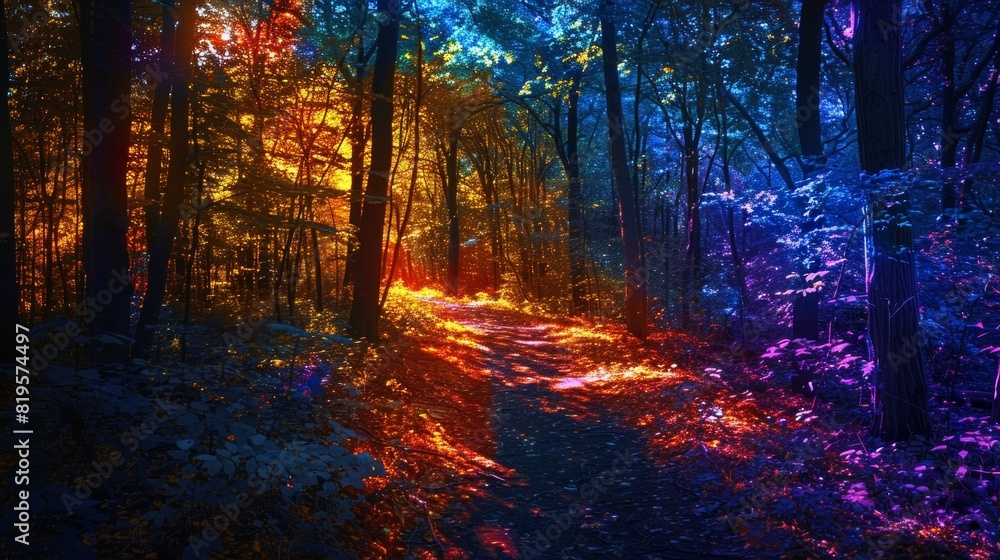 Obraz premium Forest Mystery: A neon photo depicting the mystery of a forest, with shadows and light playing among the trees