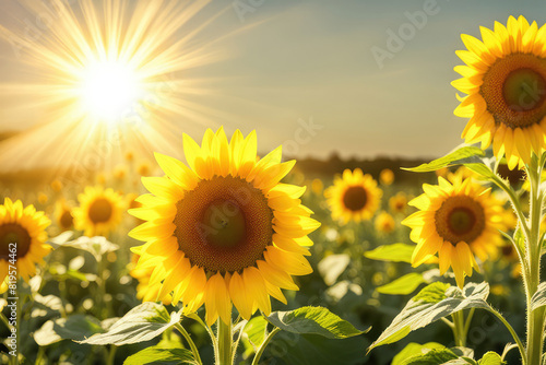 Bright yellow sunflowers and sun 