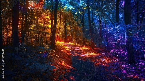 Forest Mystery: A neon photo depicting the mystery of a forest, with shadows and light playing among the trees © MAY