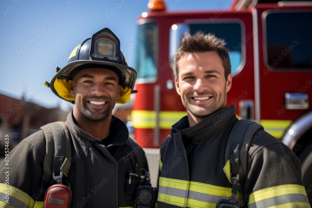 two firefighters next to a fire truck on a bright, clear day two firefighters next to a fire truck on a bright, clear day