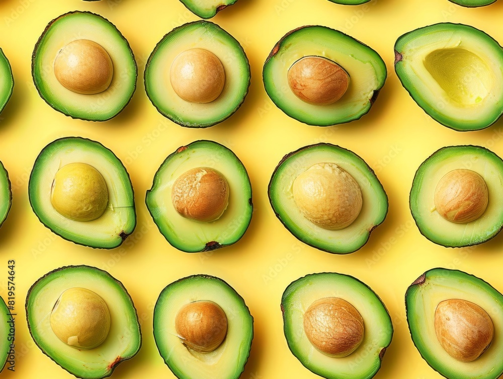 A vibrant pattern of fresh avocado halves on a yellow background, showcasing the textures and natural beauty of avocados.