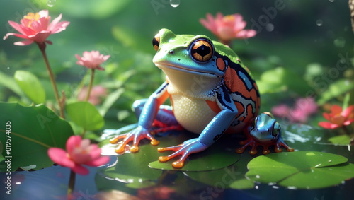 frog is sitting on a lily pad in a pond © muheeb