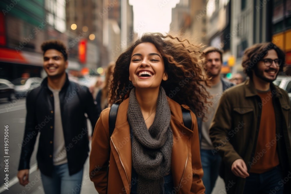 people different races walking around New York City. A girl is dancing and the others are looking at her people different races walking around New York City. A girl is dancing and the others are looking at her