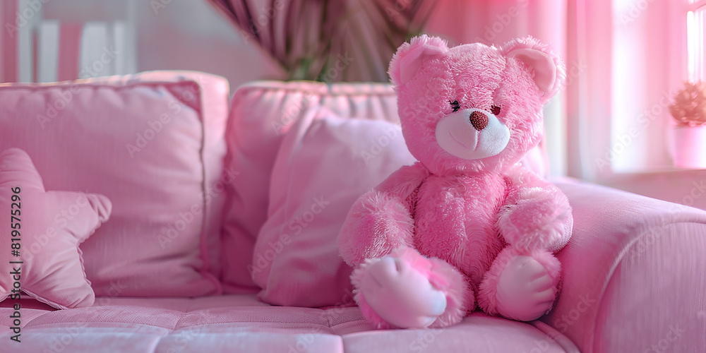 Pink cute teddy bear on a sofa