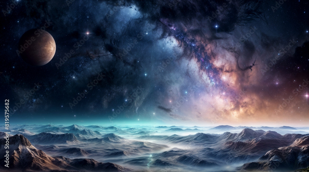 A breathtaking view of the galaxy majestic mountains, and milky way blending in perfect harmony.
