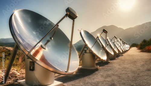 solar power plant, solar panels on the roof, radio telescope at sunset, satellite dish on the roof of house, landscape of the mountains, Desert heliostat mirrors for concentrating solar power - green  photo