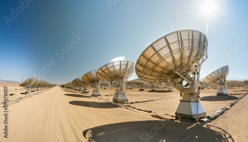 solar power plant, solar panels on the roof, radio telescope at sunset, satellite dish on the roof of house, landscape of the mountains, Desert heliostat mirrors for concentrating solar power - green  photo