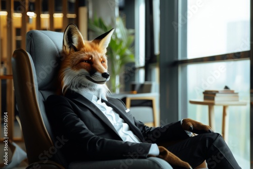 A fox in a suit sitting in a stylish modern office