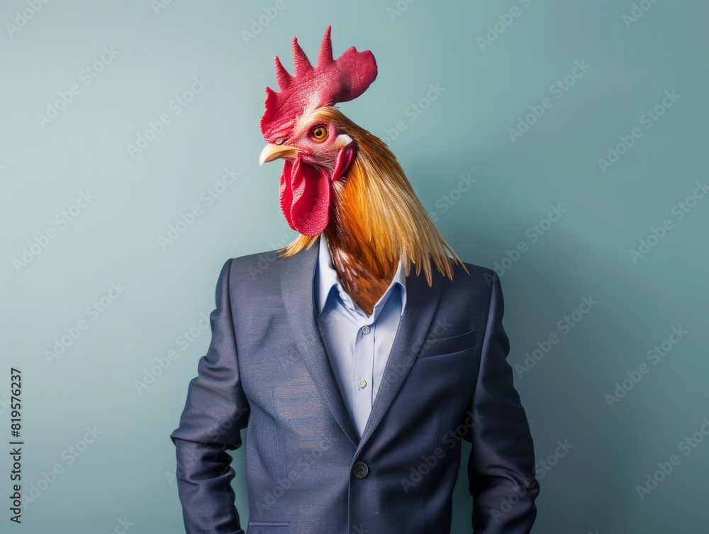 A rooster in a business suit crowing over success