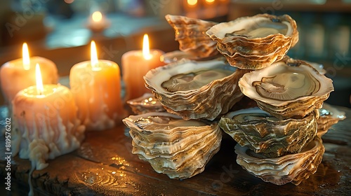 A tower of freshly shucked oysters glistens in the soft candlelight, their briny aroma wafting through the air. photo