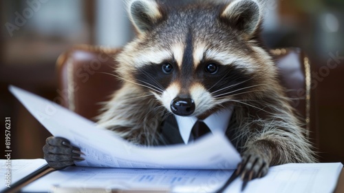 A raccoon in a suit inspecting a financial report