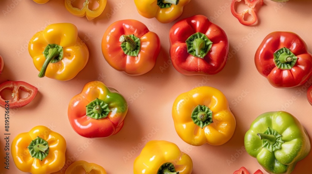 Assorted red, yellow, and green bell peppers on a peach background showcasing fresh and vibrant vegetables. Assorted red, yellow, and green bell peppers on a peach background showcasing fresh and vibrant vegetables.