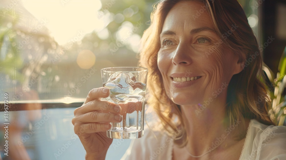Gorgeous mature lady sips refreshing water with a serene expression, embracing a nourishing morning ritual of hydrating with both flat and sparkling options for a fresh start to the day. Gorgeous mature lady sips refreshing water with a serene expression, embracing a nourishing morning ritual of hydrating with both flat and sparkling options for a fresh start to the day.